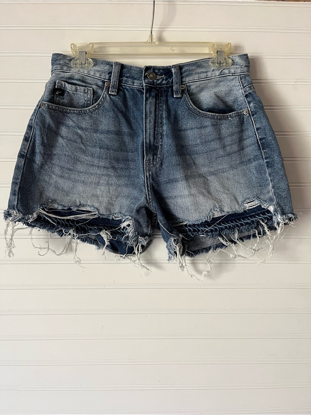 KanCan Medium Wash Frayed Hem Denim Shorts